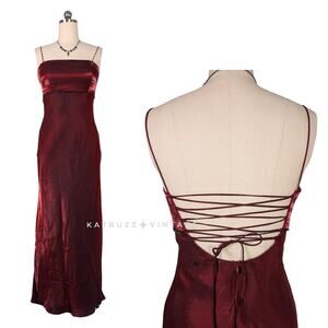 Vintage Prom Dress Maxi Gown 8 Red 90s Y2K Corset Nites Goth Satin Glam Grunge